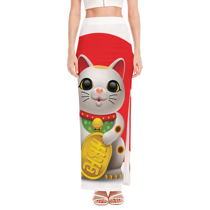Japanese Lucky Cat Maneki Neko Print High Slit Maxi Skirt