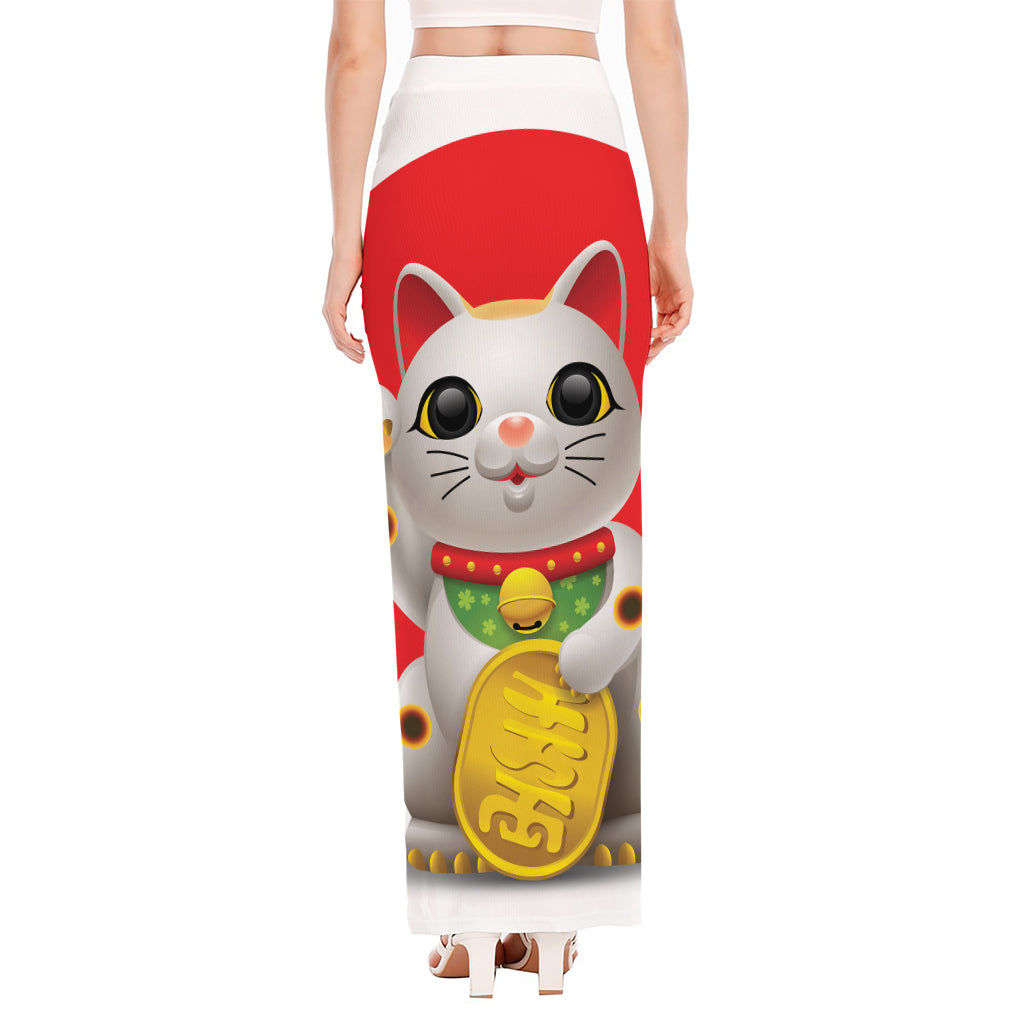 Japanese Lucky Cat Maneki Neko Print High Slit Maxi Skirt