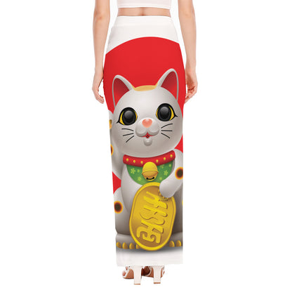 Japanese Lucky Cat Maneki Neko Print High Slit Maxi Skirt