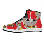 Japanese Lucky Cat Maneki Neko Print High Top Leather Sneakers