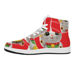 Japanese Lucky Cat Maneki Neko Print High Top Leather Sneakers