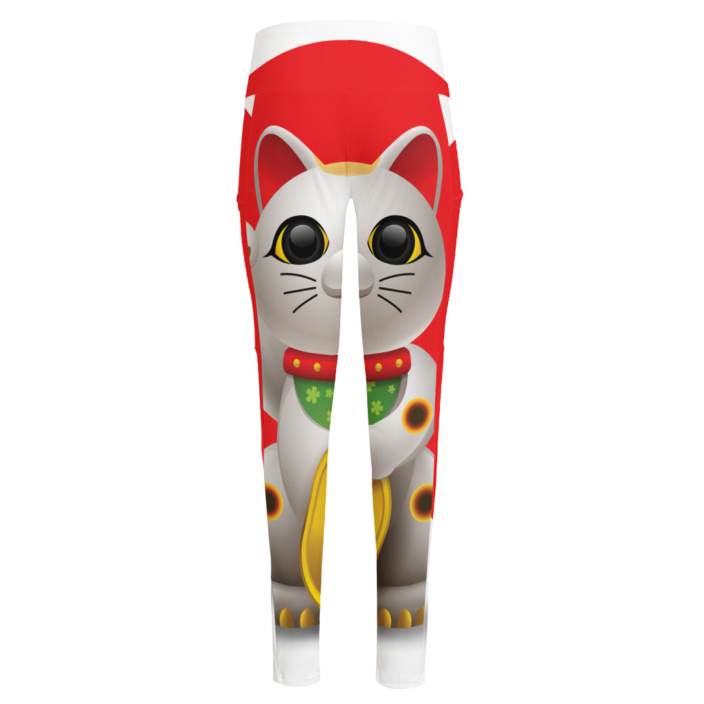 Japanese Lucky Cat Maneki Neko Print High-Waisted Pocket Leggings