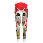 Japanese Lucky Cat Maneki Neko Print High-Waisted Pocket Leggings