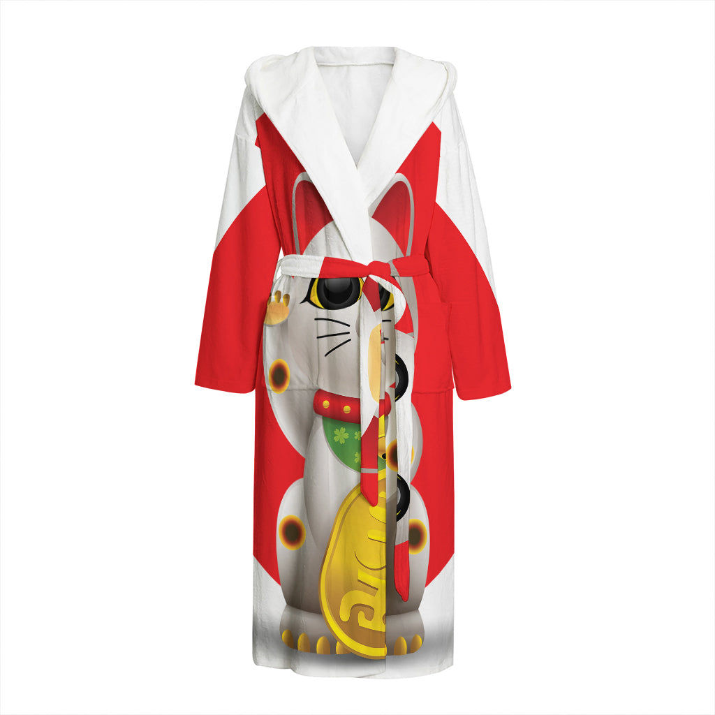 Japanese Lucky Cat Maneki Neko Print Hooded Bathrobe