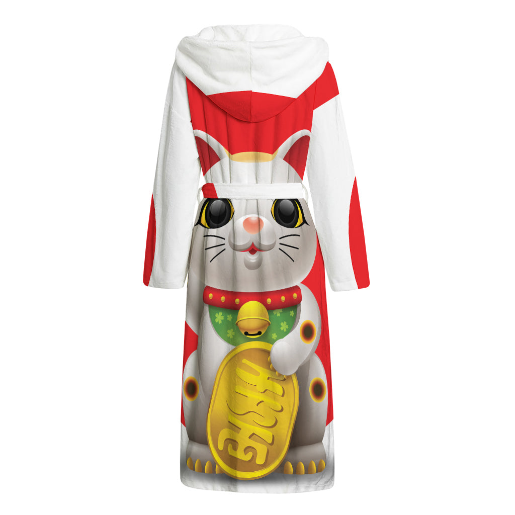 Japanese Lucky Cat Maneki Neko Print Hooded Bathrobe