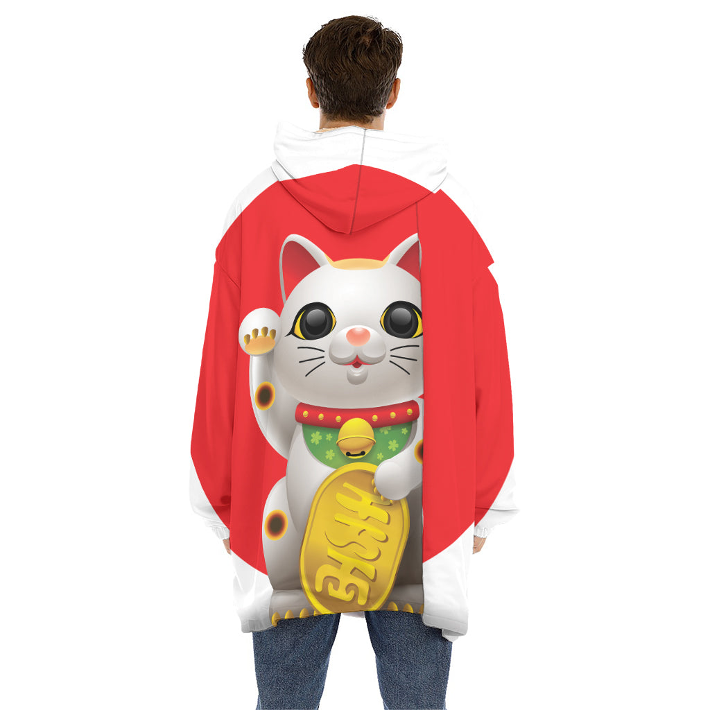 Japanese Lucky Cat Maneki Neko Print Hoodie Blanket