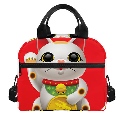Japanese Lucky Cat Maneki Neko Print Insulated Lunch Bag