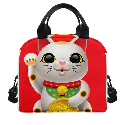 Japanese Lucky Cat Maneki Neko Print Insulated Lunch Bag