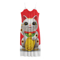 Japanese Lucky Cat Maneki Neko Print Jersey Midi Cami Dress