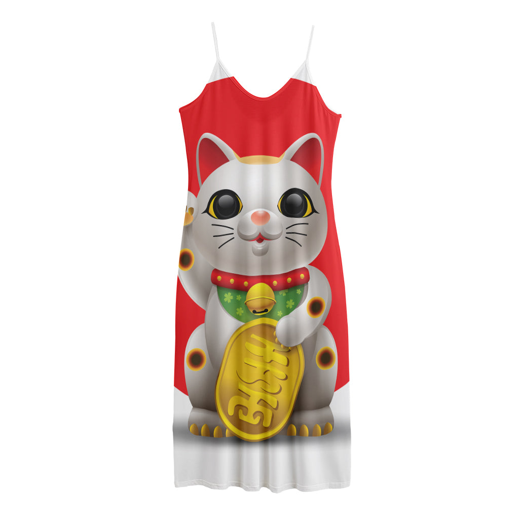 Japanese Lucky Cat Maneki Neko Print Jersey Midi Cami Dress
