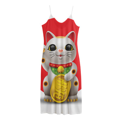 Japanese Lucky Cat Maneki Neko Print Jersey Midi Cami Dress