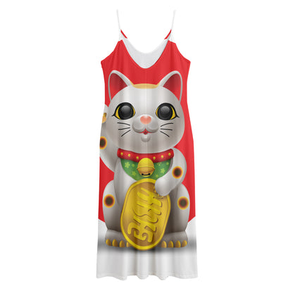 Japanese Lucky Cat Maneki Neko Print Jersey Midi Cami Dress