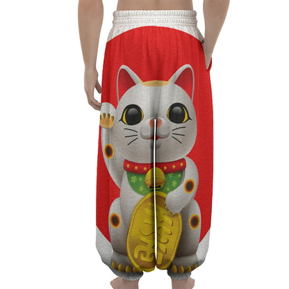 Japanese Lucky Cat Maneki Neko Print Lantern Pants
