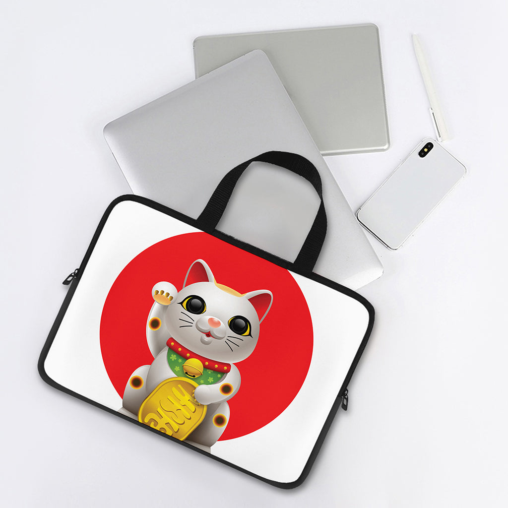 Japanese Lucky Cat Maneki Neko Print Laptop Sleeve With Handle