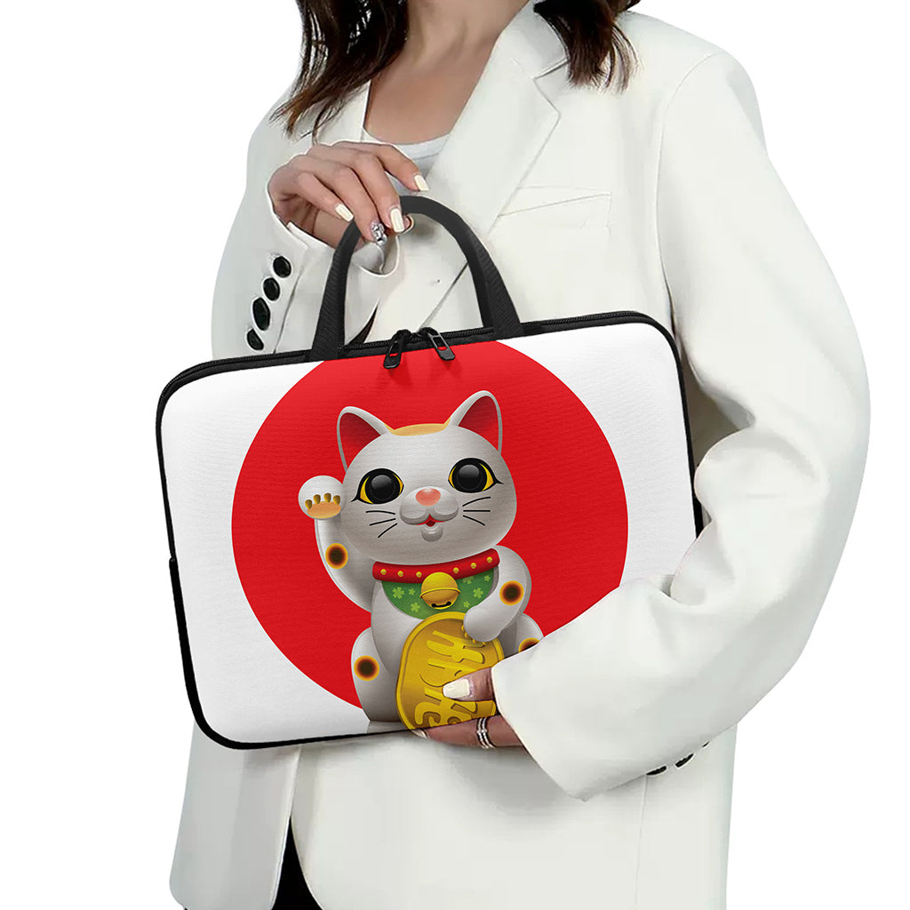 Japanese Lucky Cat Maneki Neko Print Laptop Sleeve With Handle