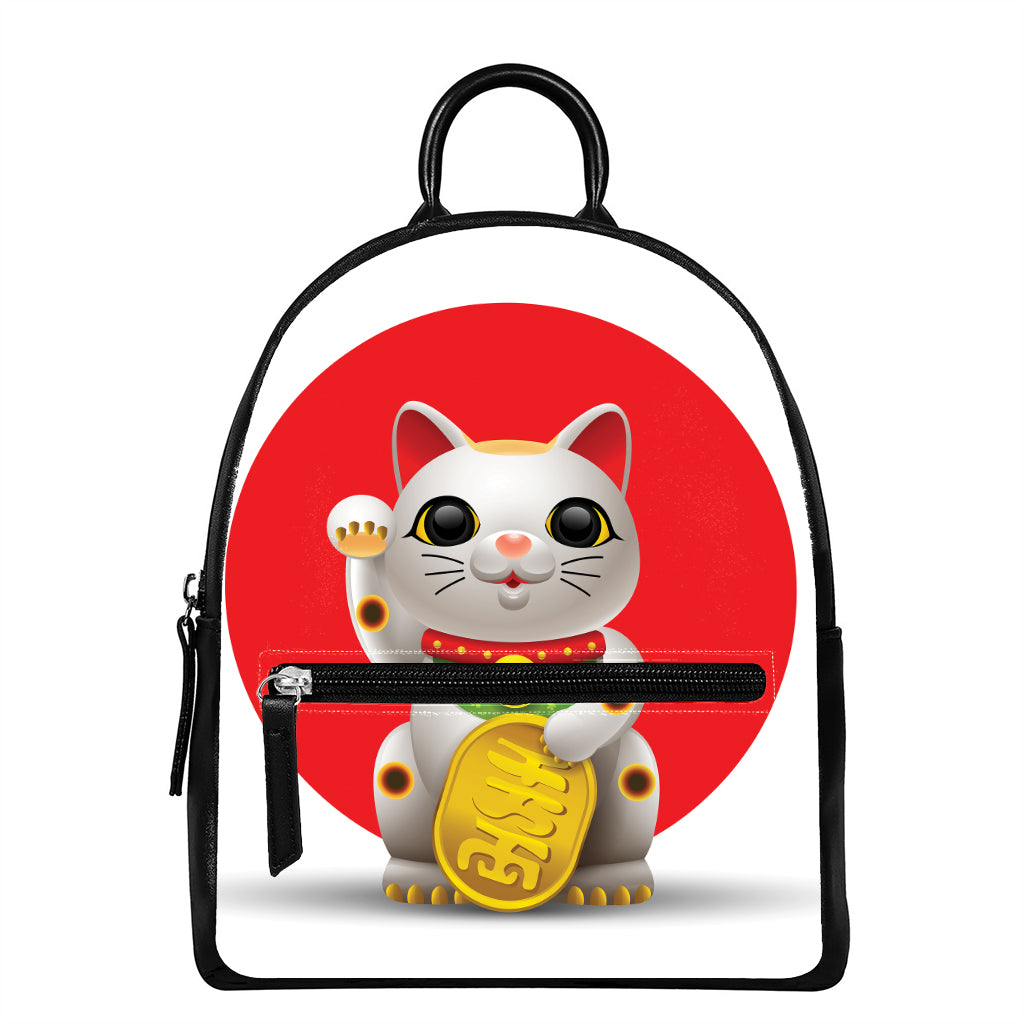 Japanese Lucky Cat Maneki Neko Print Leather Backpack