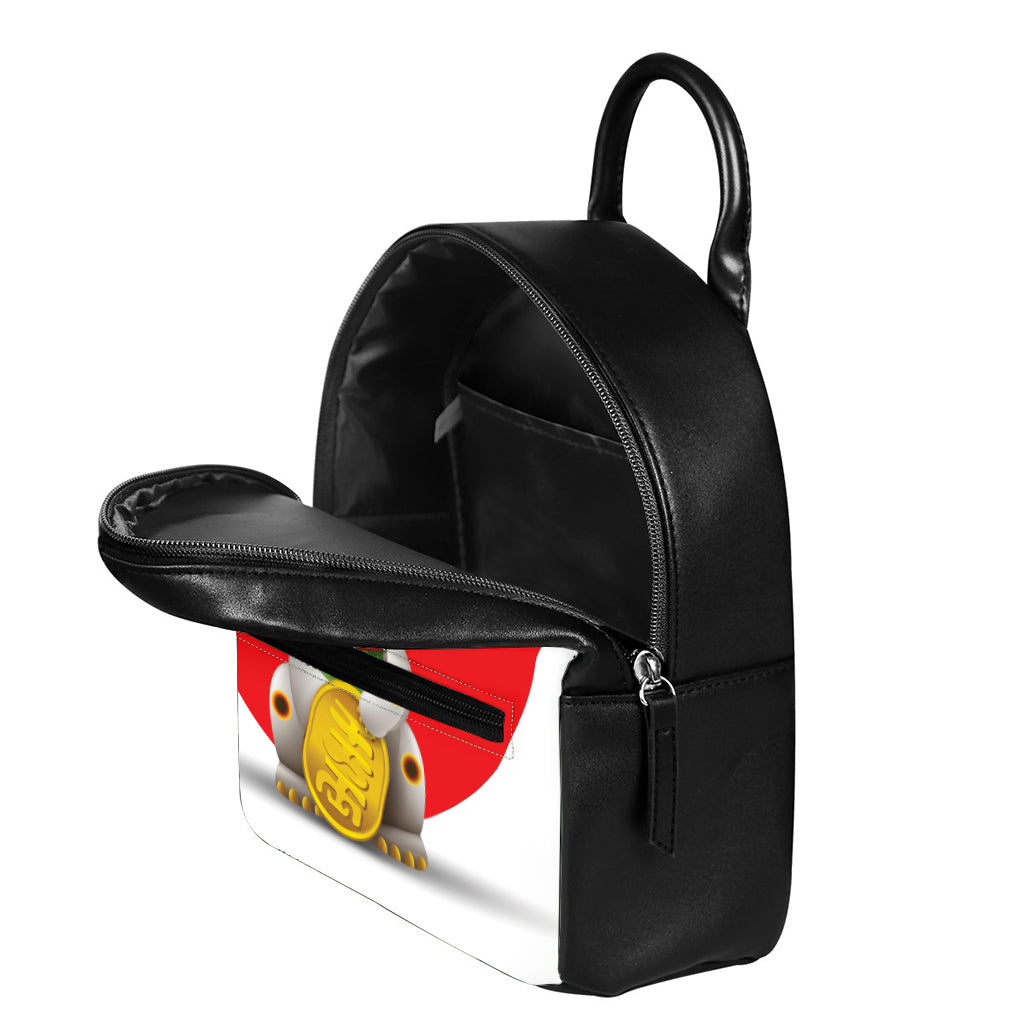 Japanese Lucky Cat Maneki Neko Print Leather Backpack