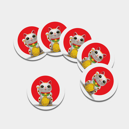 Japanese Lucky Cat Maneki Neko Print Leather Coaster Set