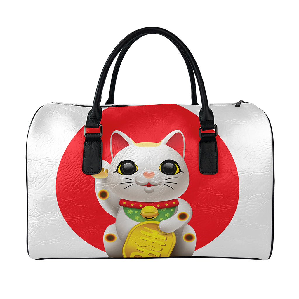 Japanese Lucky Cat Maneki Neko Print Leather Duffle Bag