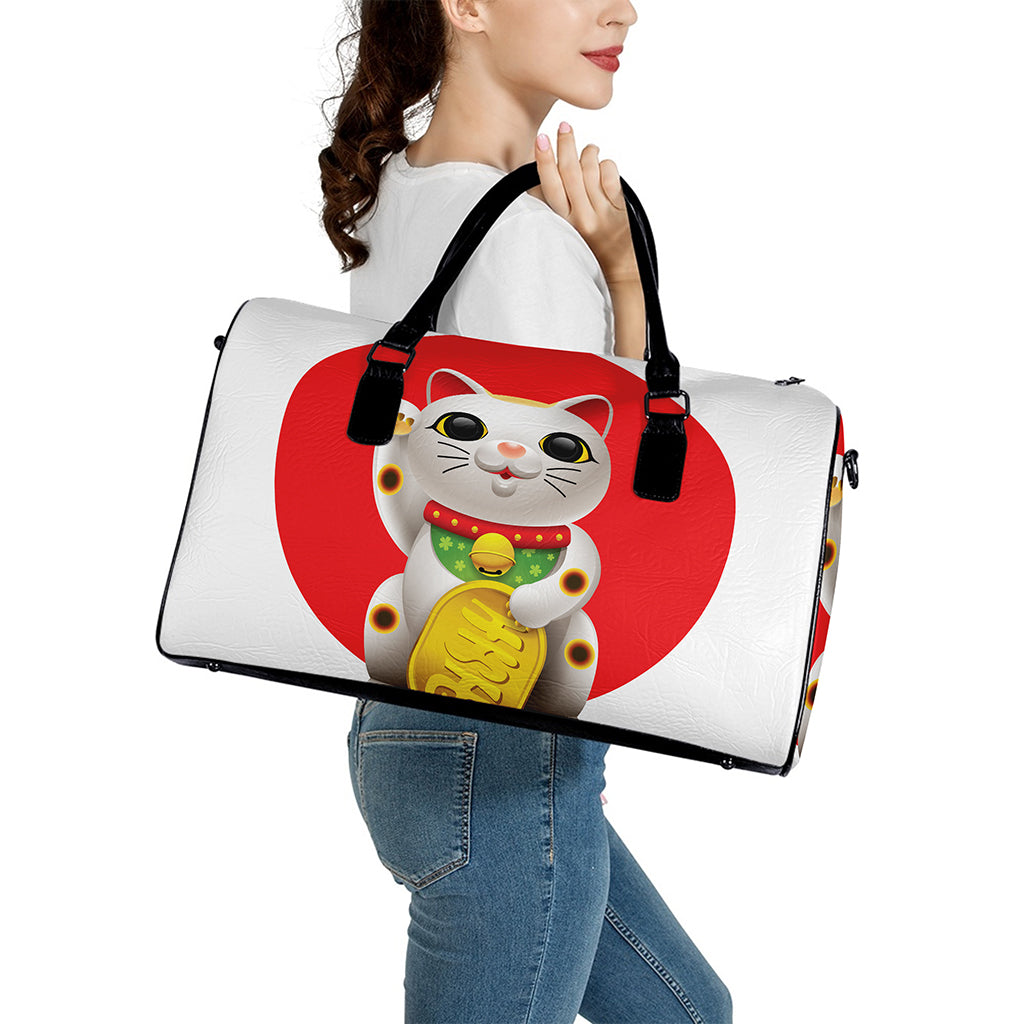 Japanese Lucky Cat Maneki Neko Print Leather Duffle Bag