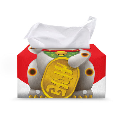 Japanese Lucky Cat Maneki Neko Print Leather Tissue Box Cover