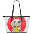 Japanese Lucky Cat Maneki Neko Print Leather Tote Bag With Zipper