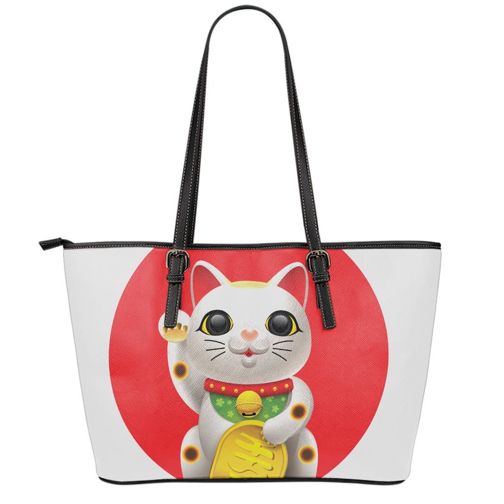 Japanese Lucky Cat Maneki Neko Print Leather Tote Bag