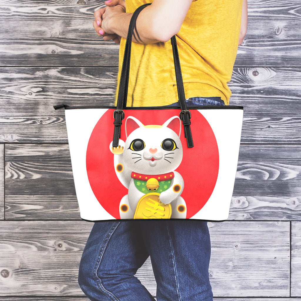 Japanese Lucky Cat Maneki Neko Print Leather Tote Bag