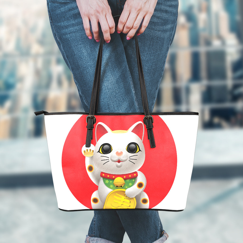 Japanese Lucky Cat Maneki Neko Print Leather Tote Bag