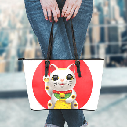 Japanese Lucky Cat Maneki Neko Print Leather Tote Bag