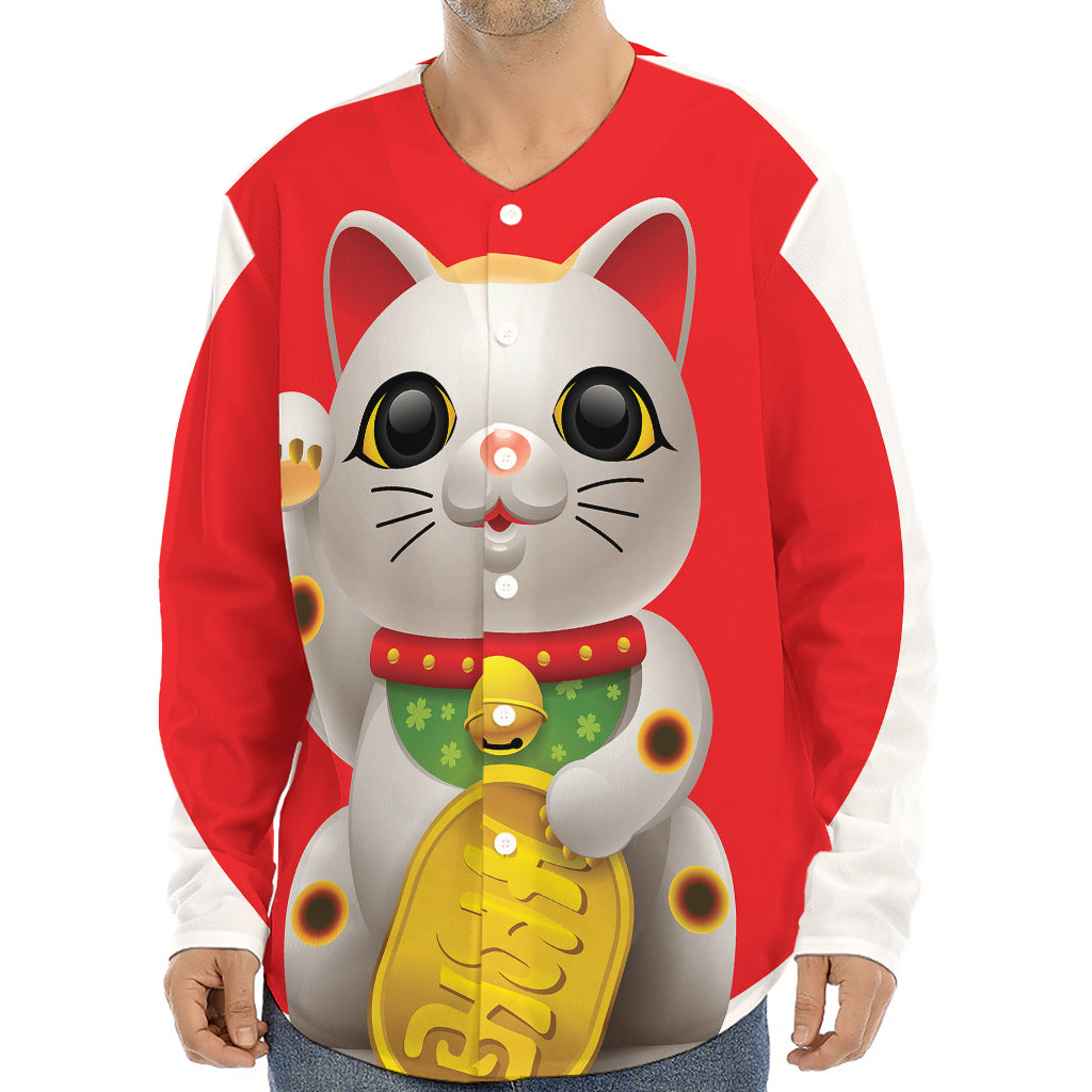 Japanese Lucky Cat Maneki Neko Print Long Sleeve Baseball Jersey