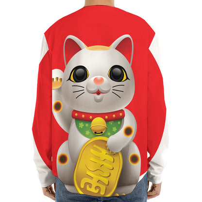 Japanese Lucky Cat Maneki Neko Print Long Sleeve Baseball Jersey