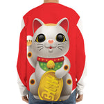 Japanese Lucky Cat Maneki Neko Print Long Sleeve Baseball Jersey