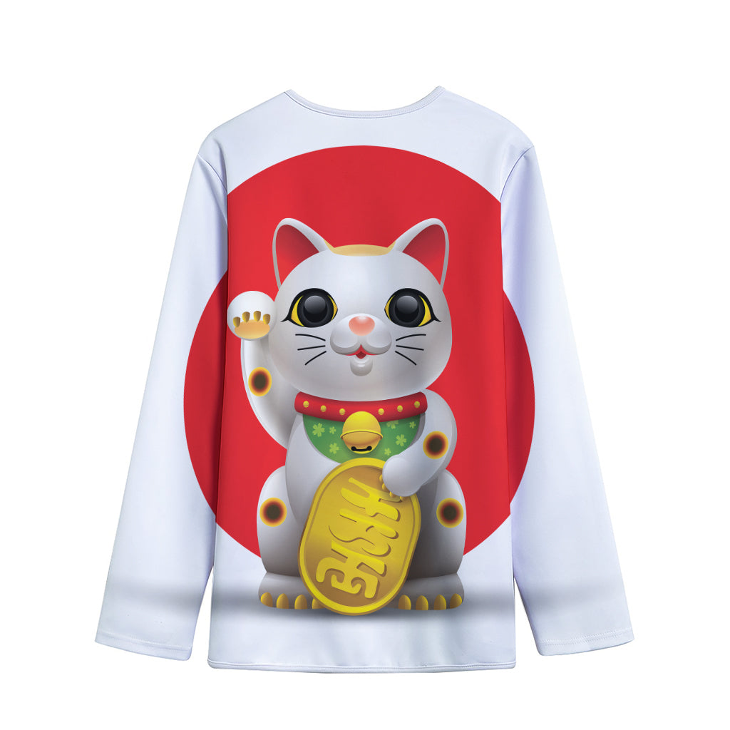 Japanese Lucky Cat Maneki Neko Print Long Sleeve Short Coat
