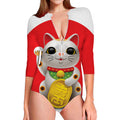 Japanese Lucky Cat Maneki Neko Print Long Sleeve Swimsuit