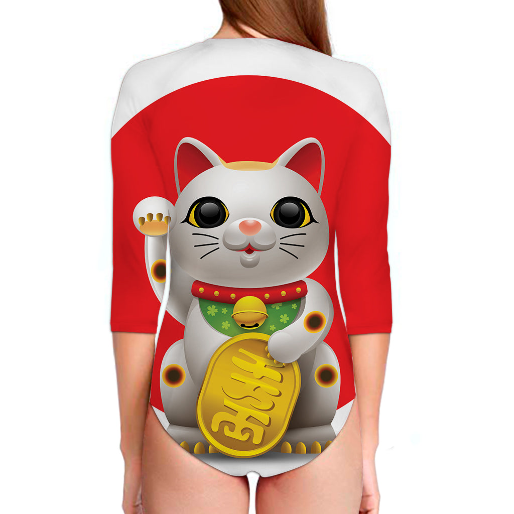 Japanese Lucky Cat Maneki Neko Print Long Sleeve Swimsuit