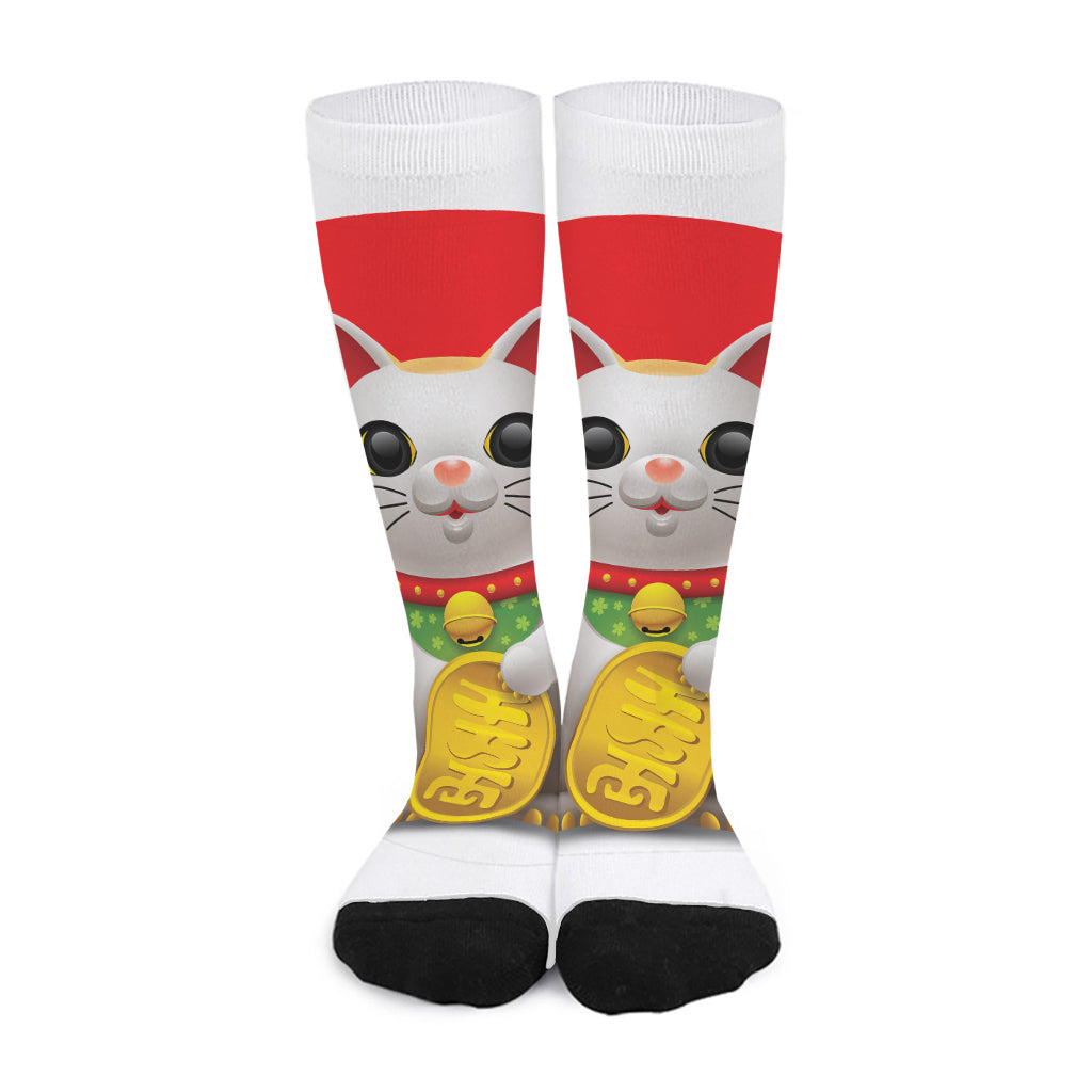 Japanese Lucky Cat Maneki Neko Print Long Socks