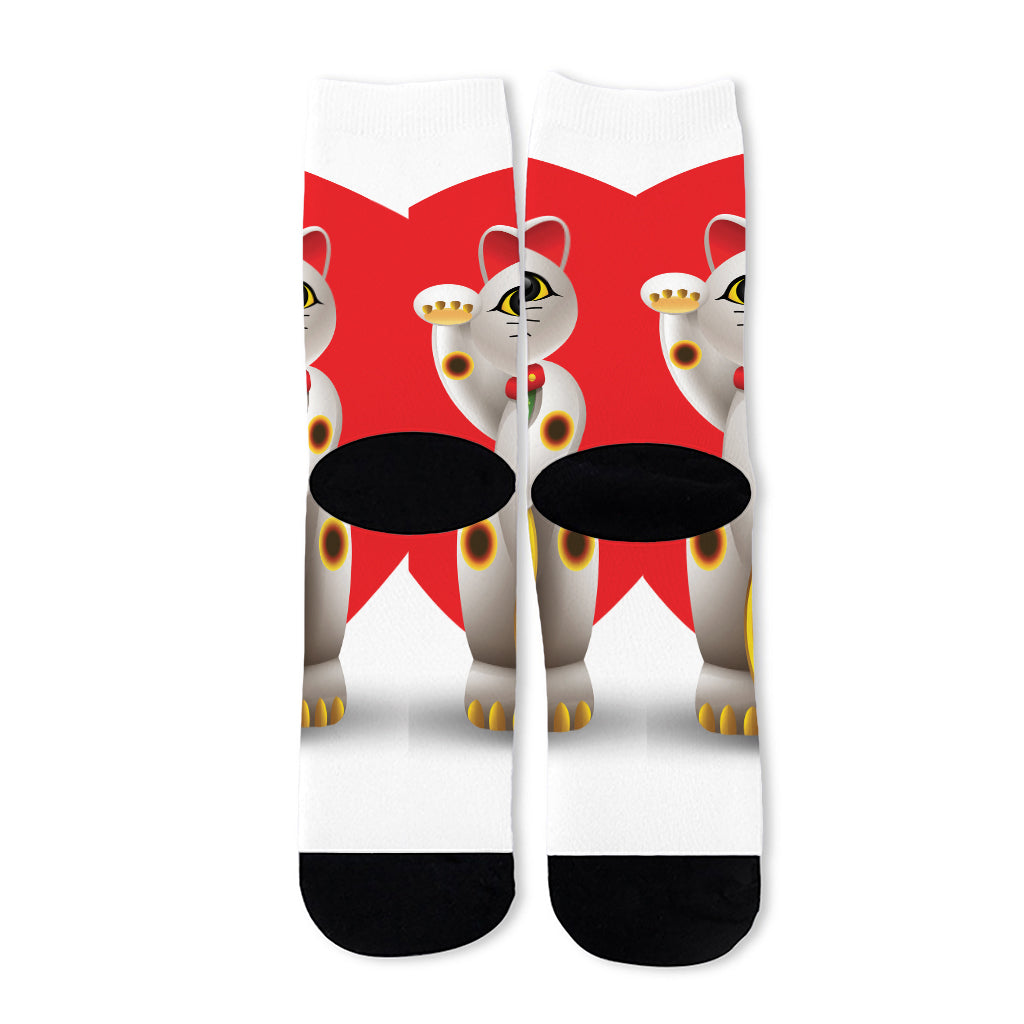 Japanese Lucky Cat Maneki Neko Print Long Socks