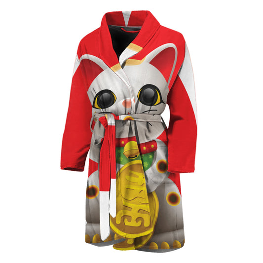 Japanese Lucky Cat Maneki Neko Print Men's Bathrobe