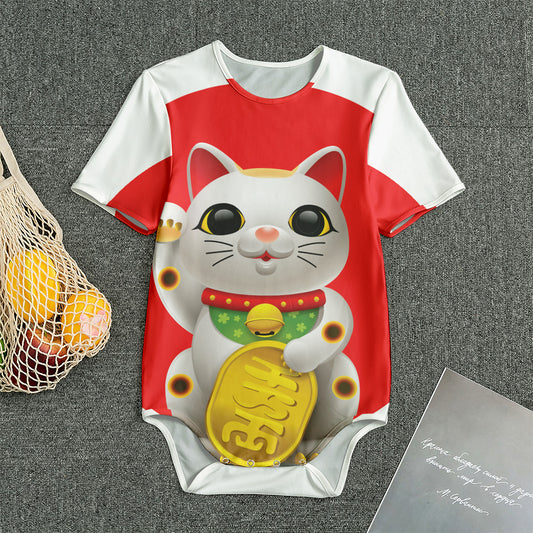 Japanese Lucky Cat Maneki Neko Print Men's Bodysuit