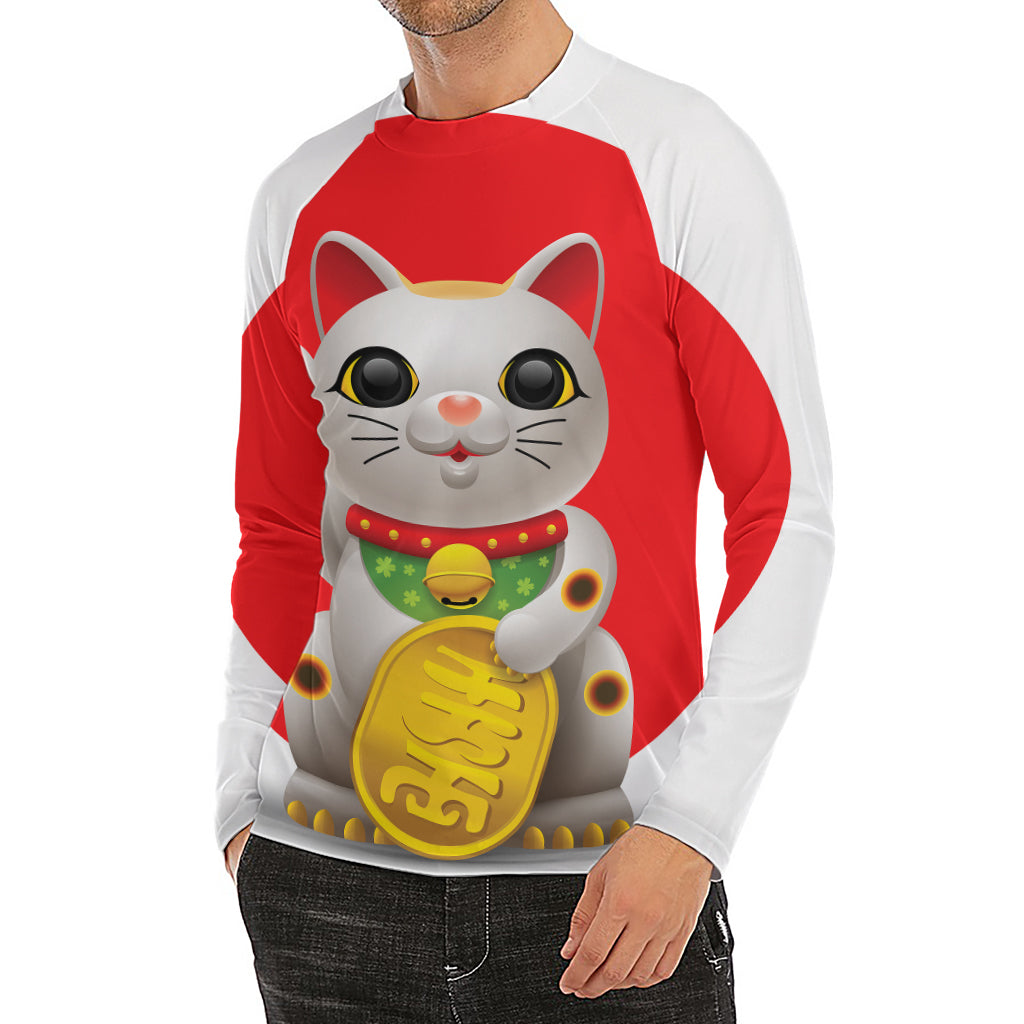 Japanese Lucky Cat Maneki Neko Print Men's Long Sleeve Rash Guard