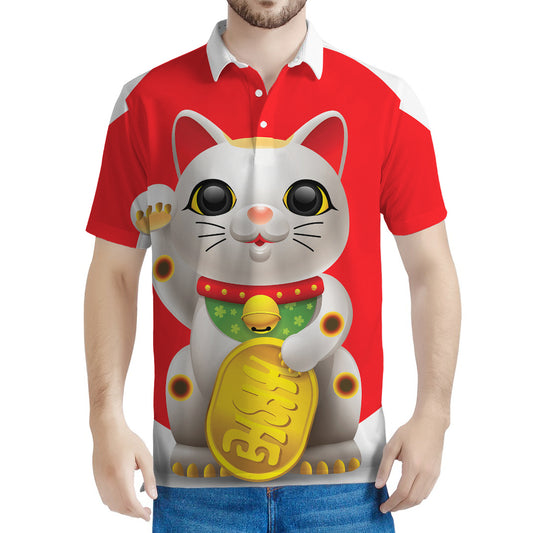 Japanese Lucky Cat Maneki Neko Print Men's Polo Shirt