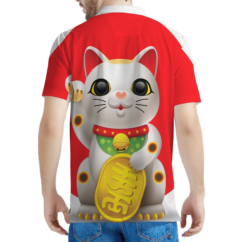 Japanese Lucky Cat Maneki Neko Print Men's Polo Shirt