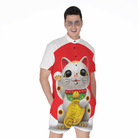 Japanese Lucky Cat Maneki Neko Print Men's Rompers