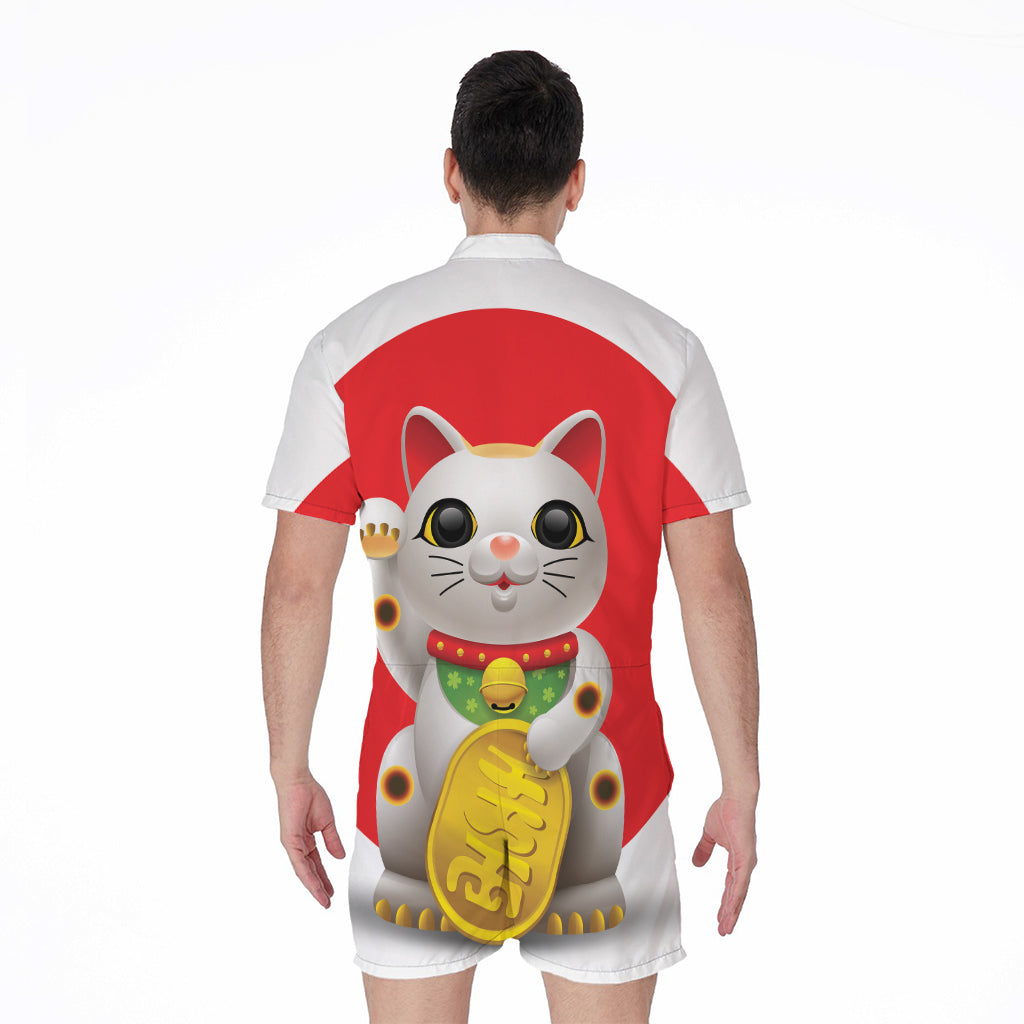 Japanese Lucky Cat Maneki Neko Print Men's Rompers