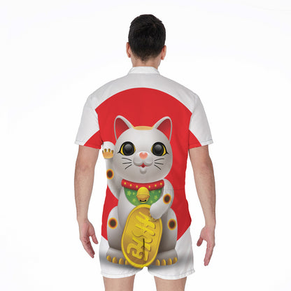 Japanese Lucky Cat Maneki Neko Print Men's Rompers