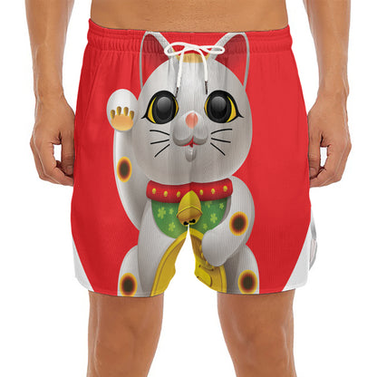 Japanese Lucky Cat Maneki Neko Print Men's Split Running Shorts