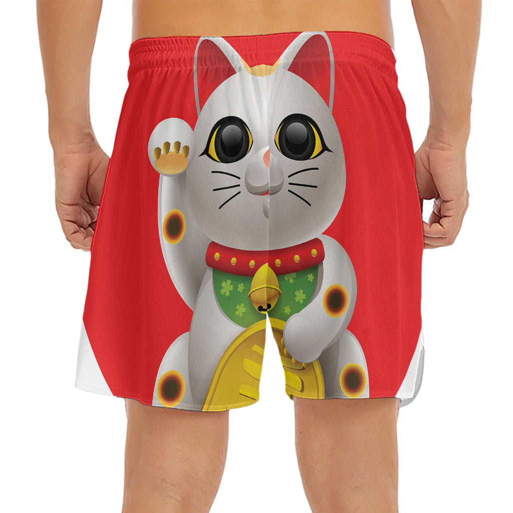 Japanese Lucky Cat Maneki Neko Print Men's Split Running Shorts