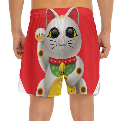 Japanese Lucky Cat Maneki Neko Print Men's Split Running Shorts