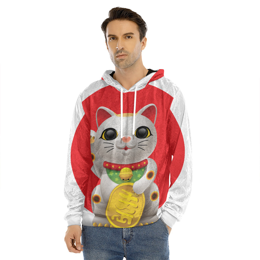 Japanese Lucky Cat Maneki Neko Print Men's Velvet Pullover Hoodie